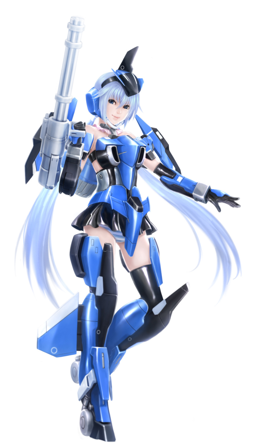 absurdres blue_eyes blue_hair eblmeka firearm frame_arms_girl full_body gatling_gun gun highres long_hair looking_at_viewer mecha_musume simple_background smile solo stylet twintails weapon white_background