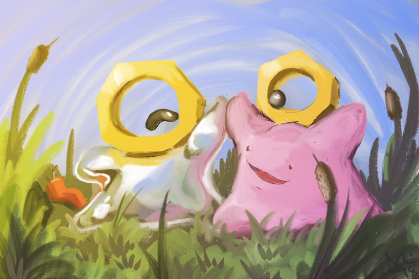 blue_sky creature day ditto eye_contact gen_1_pokemon grass high_five highres looking_at_another meltan no_humans open_mouth outdoors pokemon pokemon_(creature) sky traceysketchit