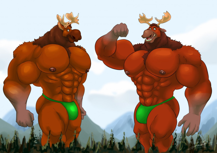 5_fingers abs anthro anthrofied antlers biceps brother brother_bear cervine clothing disney duo flexing horn huge_muscles jabuhusky macro male mammal moose mountain muscular muscular_male nipples pecs rutt sibling sky tree tuke_(brother_bear)