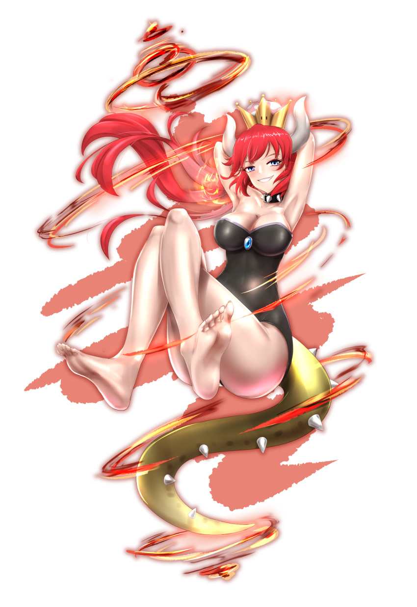absurdres alternate_color alternate_hair_color armpits arms_behind_head arms_up bangs bare_legs bare_shoulders barefoot black_leotard blue_eyes blush bowsette breasts cleavage collar collarbone crown earrings feet fire floating_hair from_side full_body gem grin highres hips horns invisible_chair jewelry knees_up large_breasts leotard lizard_tail long_hair looking_at_viewer mario_(series) new_super_mario_bros._u_deluxe p_ion parted_bangs pointy_ears ponytail red_hair sapphire_(stone) shell sidelocks sitting smile soles solo spiked_collar spikes super_crown tail thighs toes transparent_background wide_hips
