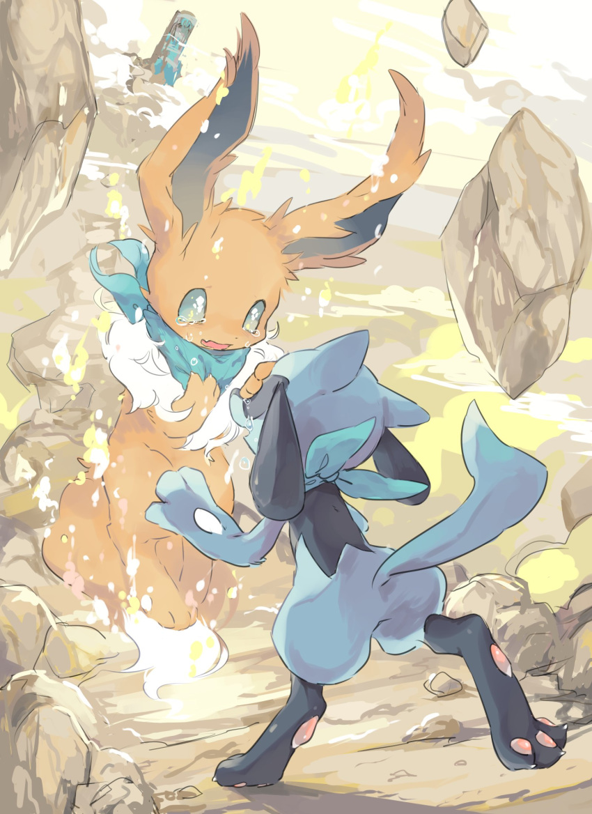 blue_eyes clothed_pokemon commentary crying dot_nose eevee fushigi_no_dungeon gen_1_pokemon gen_4_pokemon hideko_(l33l3b) highres looking_at_another no_humans open_mouth pokemon pokemon_(creature) pokemon_(game) pokemon_fushigi_no_dungeon riolu rock standing tears