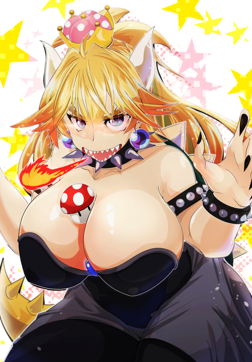ahoge alternate_eye_color aqua_eyes bangs bare_shoulders between_breasts black_dress black_nails blonde_hair blue_earrings blue_eyes bowsette bracelet breasts breathing_fire brooch claw_pose cleavage collar crown dress endou_tatsumi eyebrows_visible_through_hair fingernails fire gradient_eyes hair_between_eyes highres horns huge_breasts jewelry long_ponytail looking_at_viewer mario_(series) multicolored multicolored_eyes mushroom nail_polish new_super_mario_bros._u_deluxe open_mouth purple_eyes sharp_fingernails sharp_teeth shiny shiny_hair sidelocks slit_pupils solo spiked_bracelet spiked_collar spiked_shell spiked_tail spikes star starry_background strapless strapless_dress super_crown tail teeth white_background