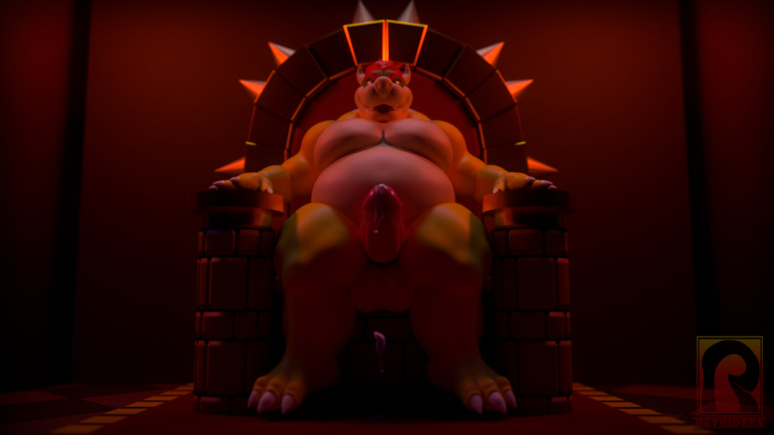 3d_(artwork) anthro balls belly bowser chair claws digital_media_(artwork) hair koopa looking_at_viewer male mario_bros musclegut nintendo nipples nude penis reyriders scalie sitting smile solo spikes throne video_games