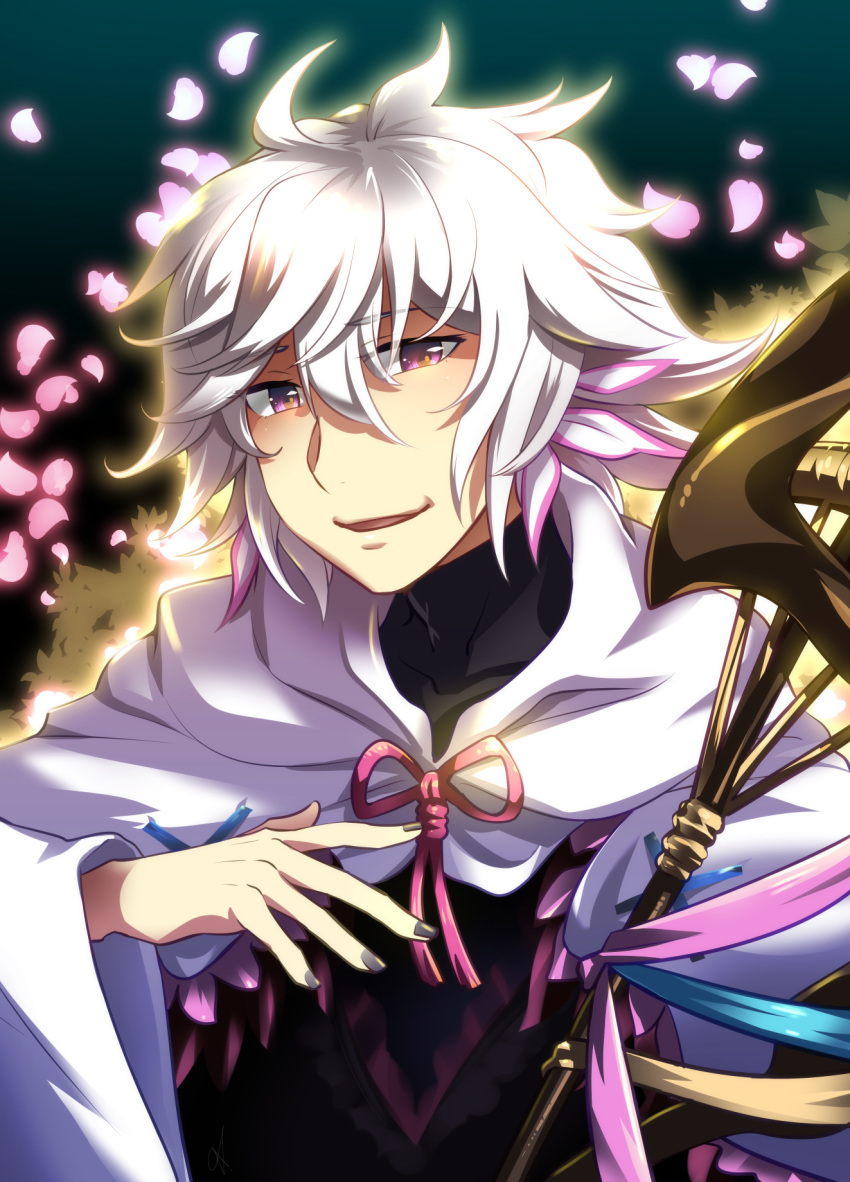 ahoge caffein collarbone fate/grand_order fate_(series) flower highres holding holding_staff merlin_(fate) nail_polish open_mouth petals purple_eyes solo staff white_hair