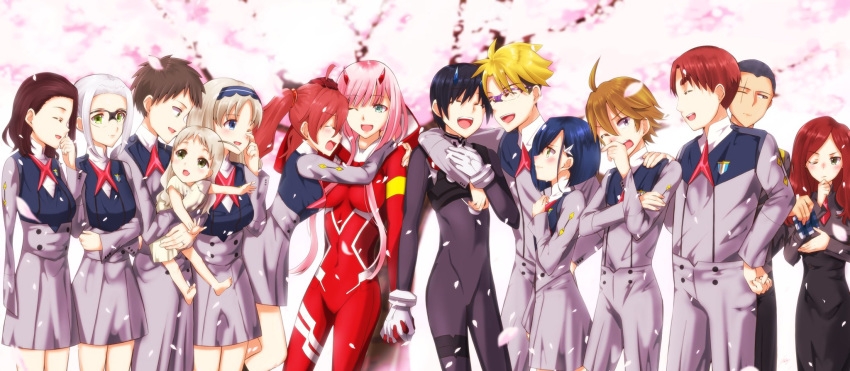 6+boys 6+girls ahoge ai_(darling_in_the_franxx) arm_around_neck bangs black_bodysuit black_hair black_pants blonde_hair blue_eyes blue_horns bodysuit breasts brown_hair cherry_blossoms child commentary_request couple crossed_arms crying darling_in_the_franxx dress eyebrows_visible_through_hair eyes_closed finger finger_in_eye finger_on_nose flower futoshi_(darling_in_the_franxx) glasses gloves gorou_(darling_in_the_franxx) green_eyes grey_dress grey_shirt grey_shorts hachi_(darling_in_the_franxx) hair_ornament hairband hairclip hand_holding hand_on_another's_arm hand_on_another's_shoulder hand_on_own_arm hand_on_own_chest hand_on_own_chin hand_on_own_face hand_on_own_wrist hand_up hetero high_ponytail hiro_(darling_in_the_franxx) holding holding_scarf horns hug ichigo_(darling_in_the_franxx) ikuno_(darling_in_the_franxx) interlocked_fingers kokoro_(darling_in_the_franxx) leg_up light_brown_hair long_hair long_sleeves looking_at_another mar0maru medium_breasts miku_(darling_in_the_franxx) military military_uniform mitsuru_(darling_in_the_franxx) multiple_boys multiple_girls nana_(darling_in_the_franxx) naomi_(darling_in_the_franxx) necktie one_eye_closed oni_horns pants petals pilot_suit pink_hair ponytail purple_eyes purple_hairband red_bodysuit red_gloves red_hair red_horns red_neckwear scar scar_across_eye scarf shirt short_hair shorts small_breasts tears thick_eyebrows thighs twintails uniform white_dress white_gloves white_hair yellow_eyes zero_two_(darling_in_the_franxx) zorome_(darling_in_the_franxx)