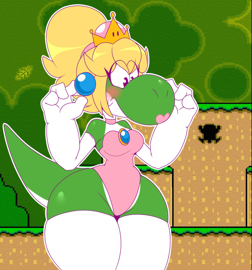 alternate_species armwear blonde_hair blush breasts clothing crown dongitos ear_piercing elbow_gloves female gloves green_yoshi hair legwear lipstick makeup mario_bros nintendo piercing princess_peach solo super_crown thick_thighs thigh_highs video_games wide_hips yoshi