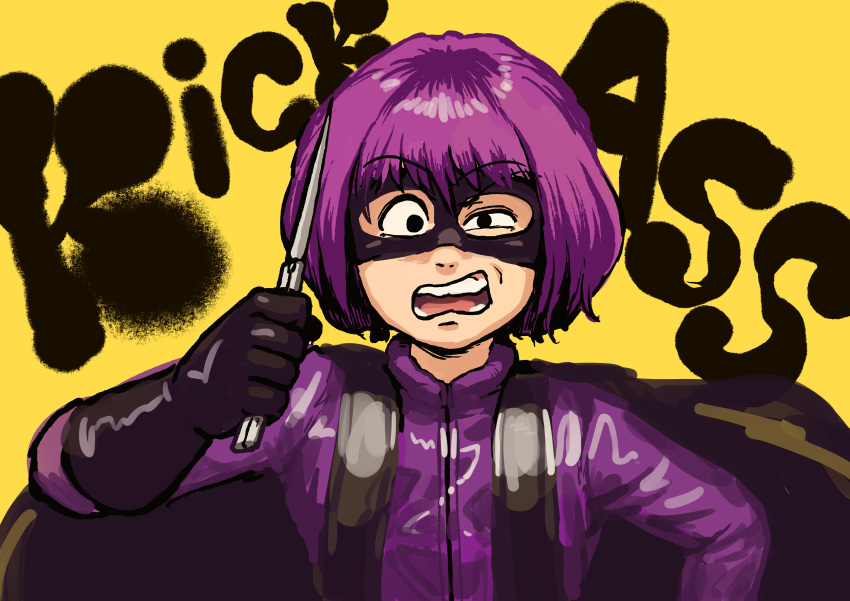 absurdres balisong black_cape black_eyes black_gloves blue_jacket cape chanta_(ayatakaoisii) copyright_name eyebrows_visible_through_hair gloves half-closed_eye highres hit-girl holding holding_knife jacket kick-ass knife long_sleeves looking_at_viewer mask open_mouth purple_hair short_hair solo yellow_background