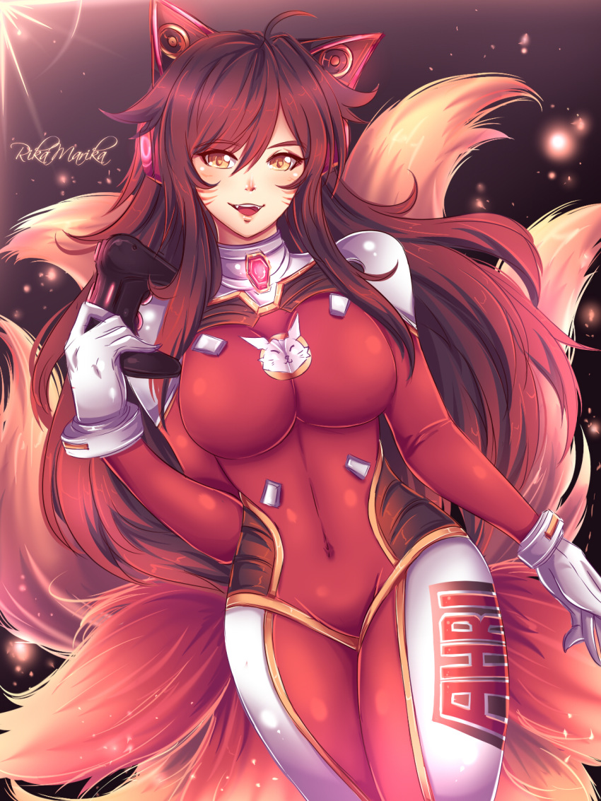 adapted_costume ahoge ahri animal_ears animal_print artist_name bodysuit breasts brown_background brown_hair cat_ear_headphones character_name clothes_writing commentary controller cosplay covered_navel cowboy_shot curvy d.va_(overwatch) d.va_(overwatch)_(cosplay) eyebrows_visible_through_hair facial_mark fangs fox_ears fox_girl fox_print fox_tail game_controller gamepad gloves gradient gradient_background headphones high_collar highres holding impossible_bodysuit impossible_clothes kumiho large_breasts league_of_legends light_particles long_hair looking_at_viewer multiple_tails nose open_mouth overwatch pilot_suit red_bodysuit rikamarika signature skin_tight slit_pupils smile solo standing tail upper_teeth whisker_markings white_gloves yellow_eyes