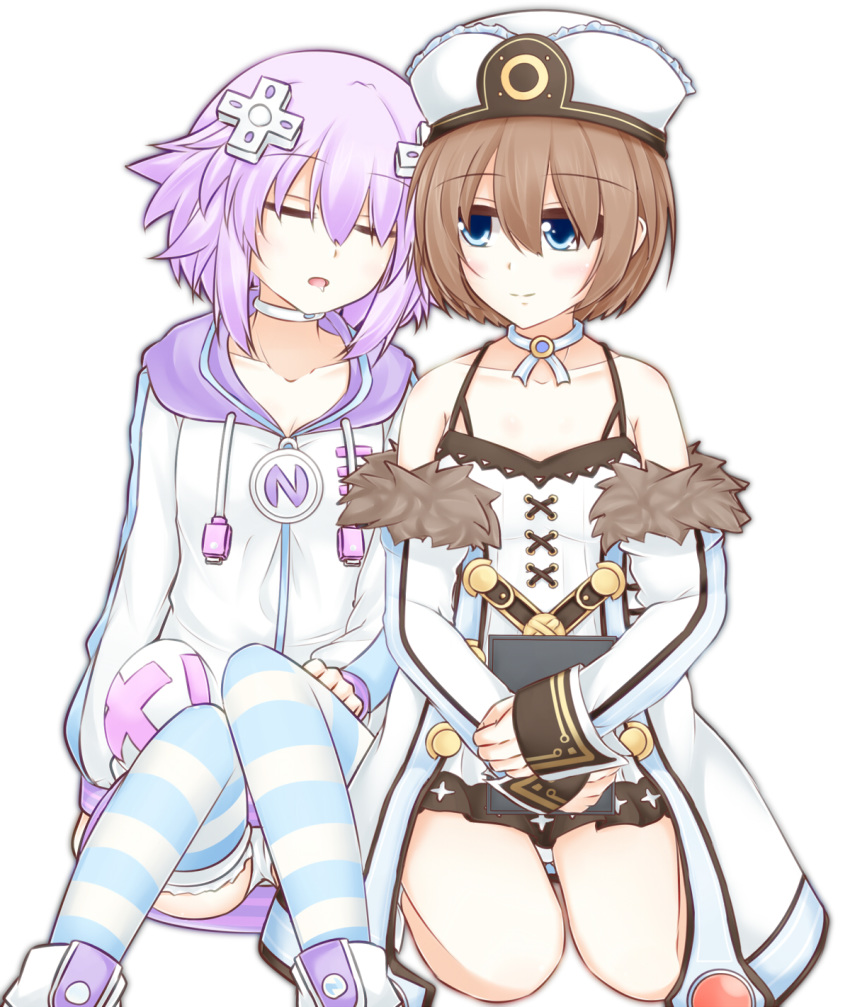 amo_chenbe bare_shoulders blanc blue_eyes blush breasts brown_hair choker cleavage closed_eyes coat collarbone commentary_request d-pad d-pad_hair_ornament dress hair_between_eyes hair_ornament hat highres hood hooded_jacket jacket knees_together_feet_apart knees_up long_sleeves looking_at_another multiple_girls neptune_(choujigen_game_neptune) neptune_(series) open_mouth panties pantyshot pantyshot_(sitting) purple_hair seiza short_hair shoulder-to-shoulder simple_background sitting sleeping sleeping_on_person sleeping_upright small_breasts smile spaghetti_strap striped striped_legwear thighhighs underwear usb white_background white_choker white_dress white_panties