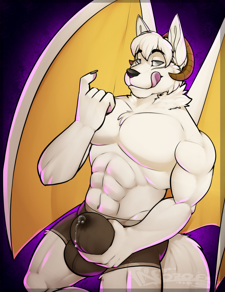 briefs bulge canine clothing grey_eyes horn hybrid leak looking_at_viewer male mammal muscular nozo.exe nozomyarts precum tongue tongue_out underwear wings wolf