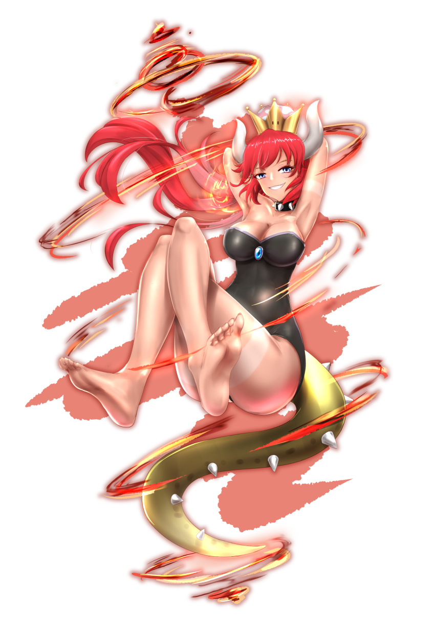 absurdres alternate_color alternate_hair_color armpits arms_behind_head arms_up bangs bare_legs bare_shoulders barefoot black_leotard blue_eyes blush bowsette breasts cleavage collar collarbone crown earrings feet fire floating_hair from_side full_body gem grin highres hips horns invisible_chair jewelry knees_up large_breasts leotard lizard_tail long_hair looking_at_viewer mario_(series) new_super_mario_bros._u_deluxe p_ion parted_bangs pointy_ears ponytail red_hair sapphire_(stone) shell sidelocks sitting smile soles solo spiked_collar spikes super_crown tail tan tanline thighs toes transparent_background wide_hips
