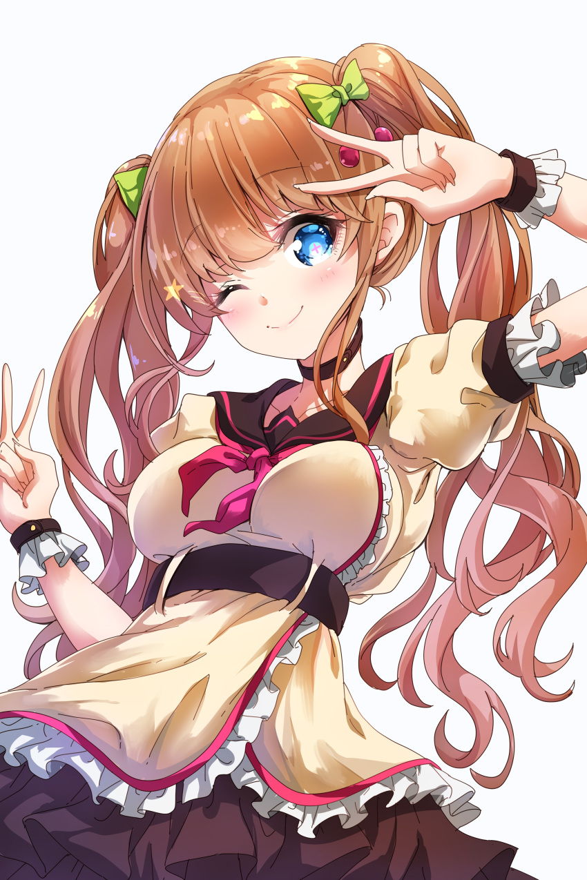 1girl ;) absurdres arm_up bangs beige_dress blue_eyes blush bow breasts brown_hair closed_mouth darjeeling_(reley) double_v eyebrows_visible_through_hair fingernails green_bow grey_background hair_between_eyes hair_bow hair_ornament highres kakyouin_chieri large_breasts long_hair one_eye_closed puffy_short_sleeves puffy_sleeves short_sleeves sidelocks simple_background smile solo star twintails v very_long_hair virtual_youtuber wrist_cuffs