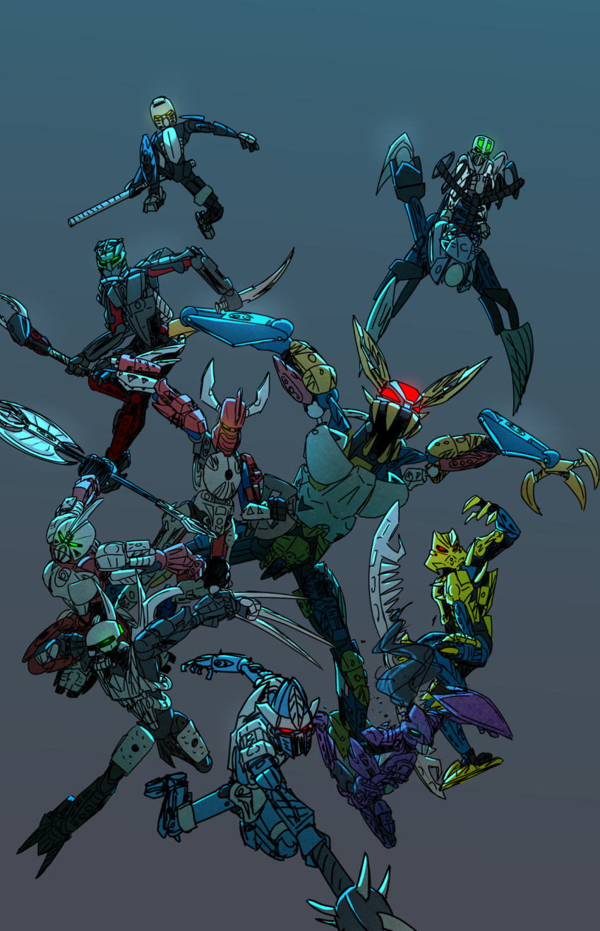 ambiguous_gender armor axonn bionicle bioniclechicken blue_body blue_eyes botar brutaka claws dagger digital_drawing_(artwork) digital_media_(artwork) green_eyes group helryx holding_object holding_weapon horn humanoid hydraxon jerbraz johmak krakua lego mace machine mask mazeka melee_weapon not_furry open_mouth purple_body red_body red_eyes robot sharp_teeth simple_background staff standing sword teeth toa tobduk toe_claws trinuma weapon yellow_eyes