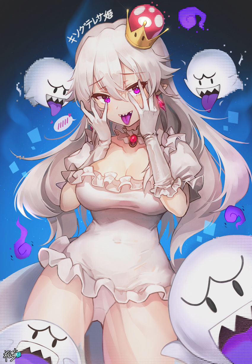 :d ass_visible_through_thighs bangs blush boo breasts cleavage collarbone commentary_request crown earrings elbow_gloves eyebrows_visible_through_hair frilled_gloves frilled_leotard frills gloves glowing glowing_eyes grey_hair hair_between_eyes hands_on_own_cheeks hands_on_own_face heart highres jewelry kyjsogom large_breasts leotard long_hair luigi's_mansion mario_(series) mini_crown new_super_mario_bros._u_deluxe open_mouth peeking_through_fingers pixelated pointy_ears princess_king_boo puffy_short_sleeves puffy_sleeves purple_eyes purple_tongue sharp_teeth short_sleeves signature smile spoken_blush super_crown teeth tilted_headwear tongue tongue_out translation_request very_long_hair white_gloves white_leotard