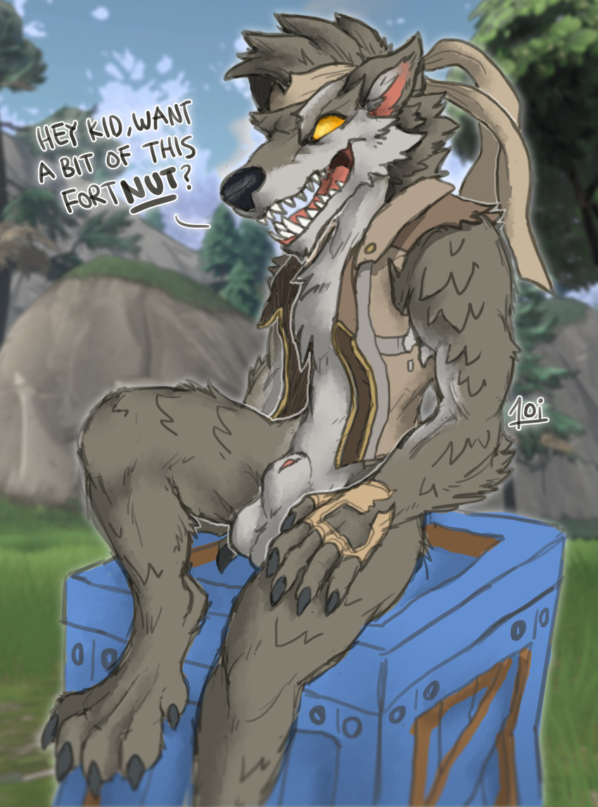 1oi 2018 anthro balls bandanna bottomless canine claws clothed clothing crate digital_media_(artwork) dire_(fortnite) english_text fortnite fur hair hi_res male mammal open_mouth orange_eyes paws smile solo text vest video_games were werewolf