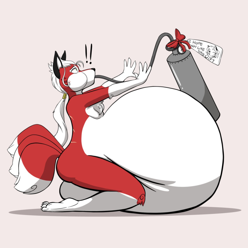 anthro belly big_belly canine fire_extinguisher fox fur gin_(blackfox85) hair inflation male mammal multi_tail overweight pancak3 ponytail red_fur solo surprise white_hair