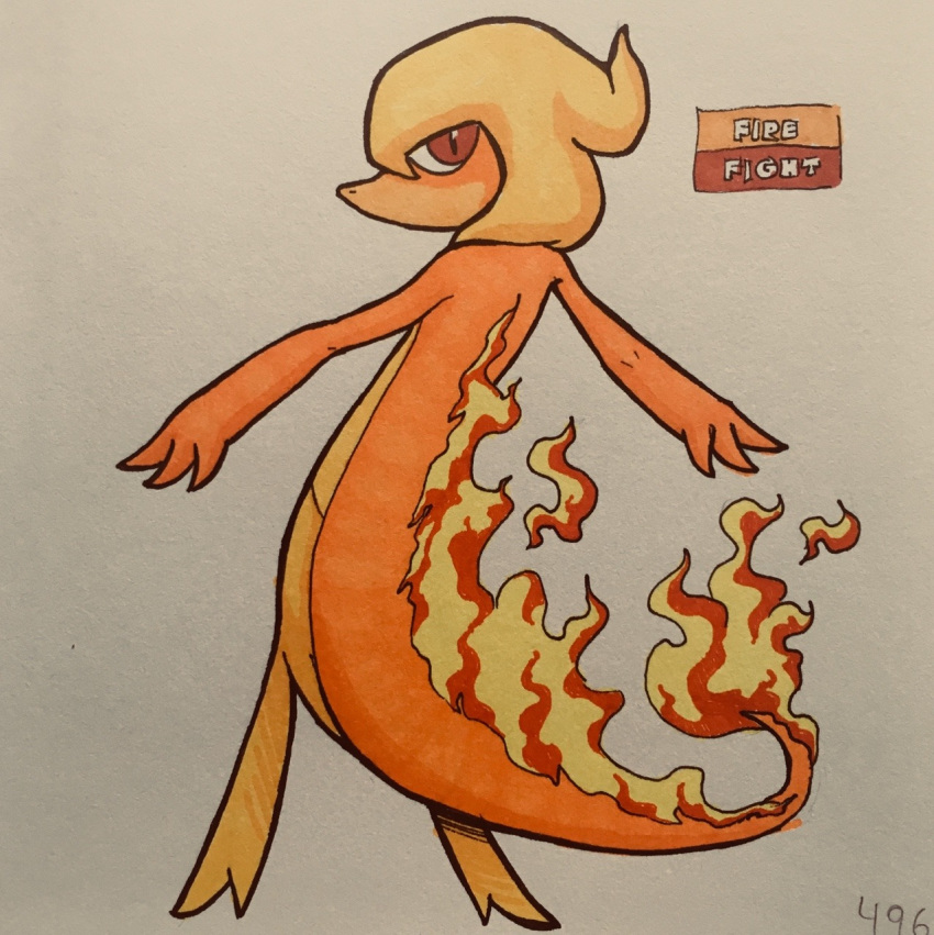 2018 2_toes 3_fingers alternate_color ambiguous_gender anthro biped countershade_torso countershading english_text fak&eacute;mon fire firefightdex flaming_tail full-length_portrait long_tail looking_back marker_(artwork) mfanjul mixed_media nintendo nude orange_body orange_tail pen_(artwork) pok&eacute;mon pok&eacute;mon_(species) portrait rear_view red_eyes reptile scalie servine shadow simple_background slit_pupils snout solo spread_arms standing text toes toony traditional_media_(artwork) two_tone_body video_games white_background yellow_body yellow_countershading