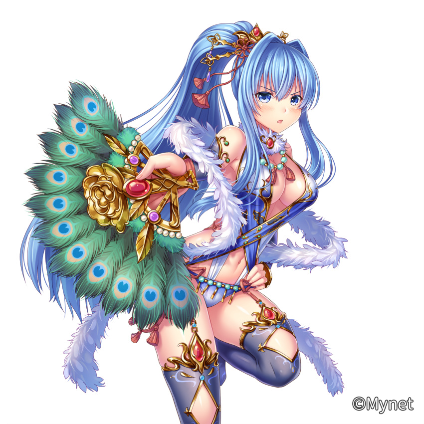 bare_shoulders black_legwear blue_eyes blue_hair blue_panties blush breasts cao_(sangoku_infinity) cleavage commentary_request company_name fan feather_boa foreshortening garter_straps gem hair_intakes hair_ornament hair_stick highres holding holding_fan jewelry long_hair looking_at_viewer medium_breasts navel necklace official_art open_mouth otosume_ruiko panties peacock_feathers ponytail ribbon sangoku_infinity simple_background solo standing standing_on_one_leg thighhighs underwear very_long_hair white_background