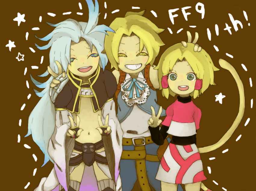 2boys ahoge belt blonde_hair commentary_request final_fantasy final_fantasy_ix gloves gobou_no_nekko graphite_(medium) green_eyes hair_tubes highres kuja long_hair medium_hair mikoto_(ff9) multiple_boys nail_polish open_mouth shirt siblings skirt smile tail traditional_media zidane_tribal