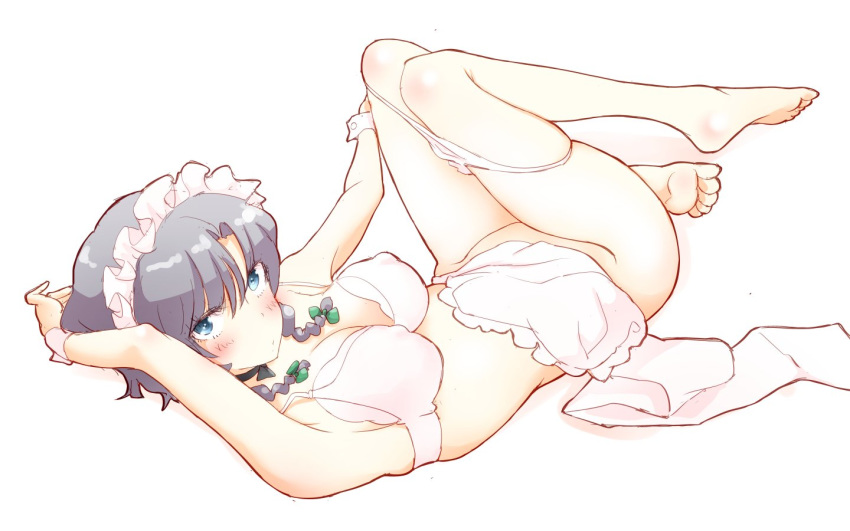 apron apron_removed arm_behind_head arm_up armpits bangs bare_arms bare_shoulders barefoot black_ribbon blue_eyes blush bottomless bow bra braid breasts choker cleavage commentary_request convenient_leg covered_nipples green_bow groin hair_bow izayoi_sakuya knees_up large_breasts looking_at_viewer lying maid_apron maid_headdress non_(z-art) on_back panties panty_pull ribbon ribbon_choker short_hair silver_hair simple_background skindentation solo thighs touhou twin_braids underwear waist_apron white_apron white_background white_bra white_panties wrist_cuffs