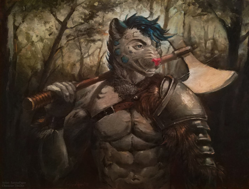 abs axe battle_axe clothed clothing english_text feline forrest_(disambiguation) fur hair leopard male mammal melee_weapon muscular muscular_male navel oil_painting satynapaper signature snow_leopard solo text topless traditional_media_(artwork) victory_(texdot) weapon