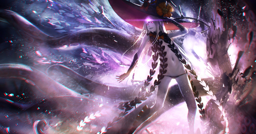 1girl abigail_williams_(fate/grand_order) armpits black_background black_bow black_panties bow breasts cowboy_shot fate/grand_order fate_(series) gleam grey_hair hands_up hat hat_bow highres keyhole light_particles long_hair looking_away navel nina_(ninageya) open_mouth orange_bow panties polka_dot polka_dot_bow red_eyes revealing_clothes small_breasts smile solo suction_cups tentacle underwear very_long_hair
