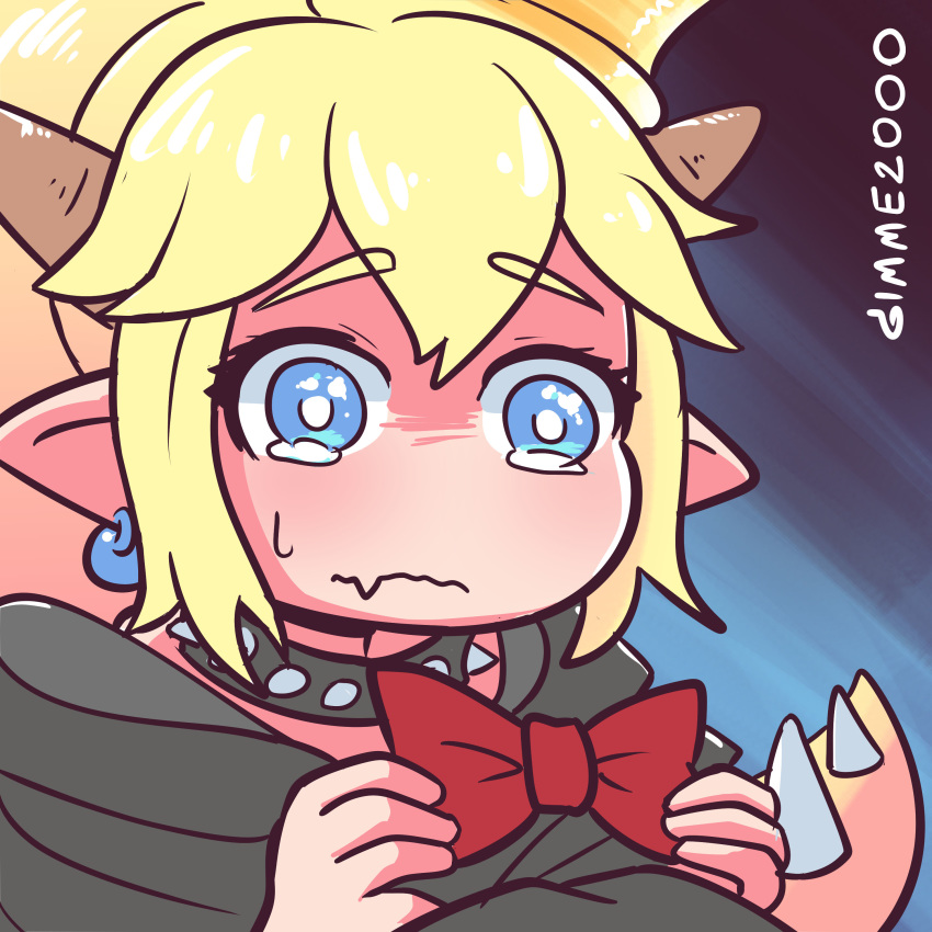 1koma absurdres bangs big_eyes black_dress blonde_hair blue_eyes bow bowsette collar comic commentary dress earrings fang gimme2000 hair_between_eyes highres holding horns jewelry mario_(series) meitantei_conan new_super_mario_bros._u_deluxe pointy_ears red_bow sad spiked_collar spiked_tail spikes tail teardrop tearing_up wavy_mouth white_pupils