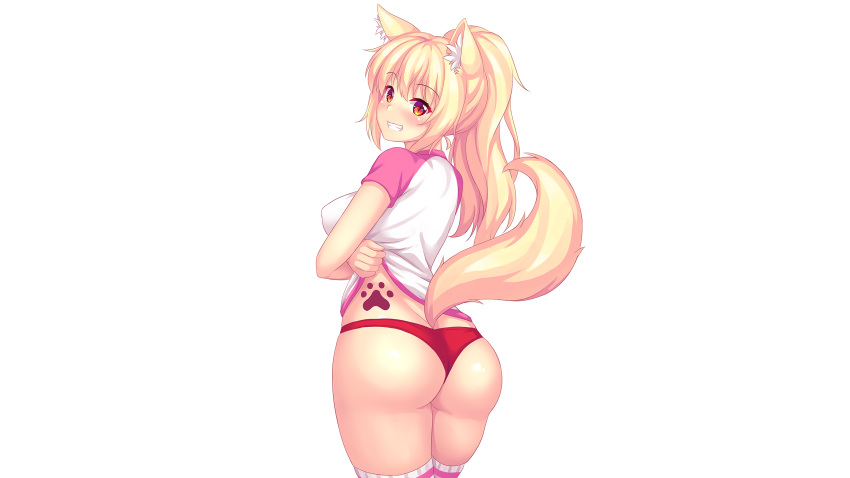 animal_ears ass blonde_hair blush erect_nipples fast-runner-2024 gym_uniform original tail thighhighs tiffy white