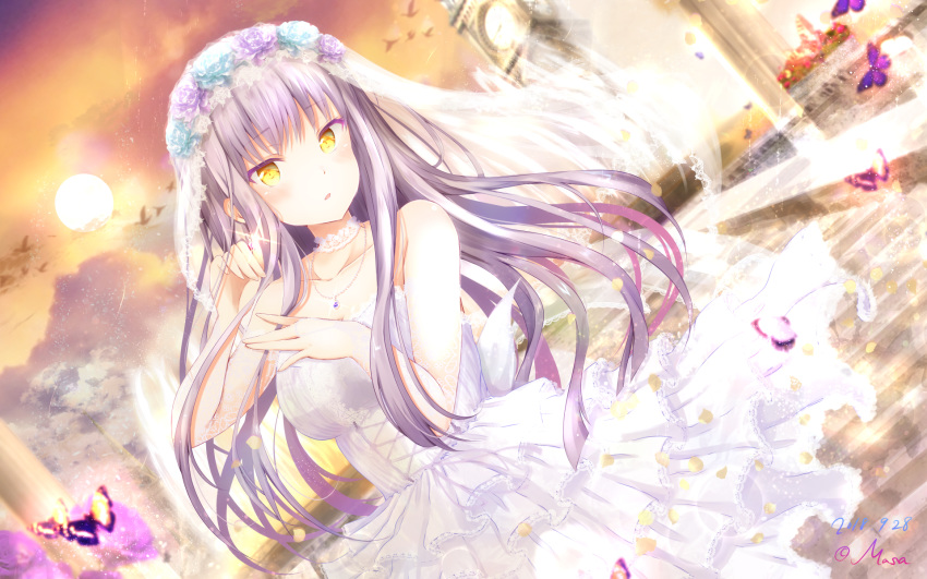 \||/ artist_name bang_dream! bangs blue_flower blue_rose blush bridal_veil bug butterfly choker clock clock_tower commentary_request dated dress dutch_angle earrings eyebrows_visible_through_hair flower glint hand_on_own_chest head_wreath highres insect jewelry lace lace_choker long_hair masa_(mirage77) minato_yukina outdoors parted_lips pendant purple_flower purple_hair purple_rose rose solo strapless strapless_dress tower veil wallpaper wedding_dress white_choker white_dress yellow_eyes