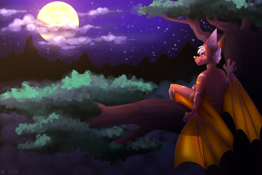 2018 anthro bat calm digital_media_(artwork) flying_fox fruit_bat male mammal moon night nowandlater outside peaceful sitting smile solo specter_koen tree wallpaper wilderness