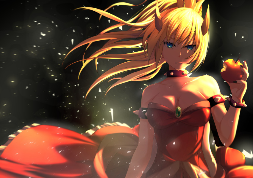 alternate_color apple armlet bare_shoulders bitten_apple black_background blonde_hair blue_eyes bowsette bracelet breasts cleavage closed_mouth collar collarbone commentary_request cosmicsnic crown dress food fruit highres horns jewelry looking_at_viewer mario_(series) medium_breasts new_super_mario_bros._u_deluxe ponytail red_dress short_hair solo spiked_armlet spiked_bracelet spiked_collar spikes super_crown