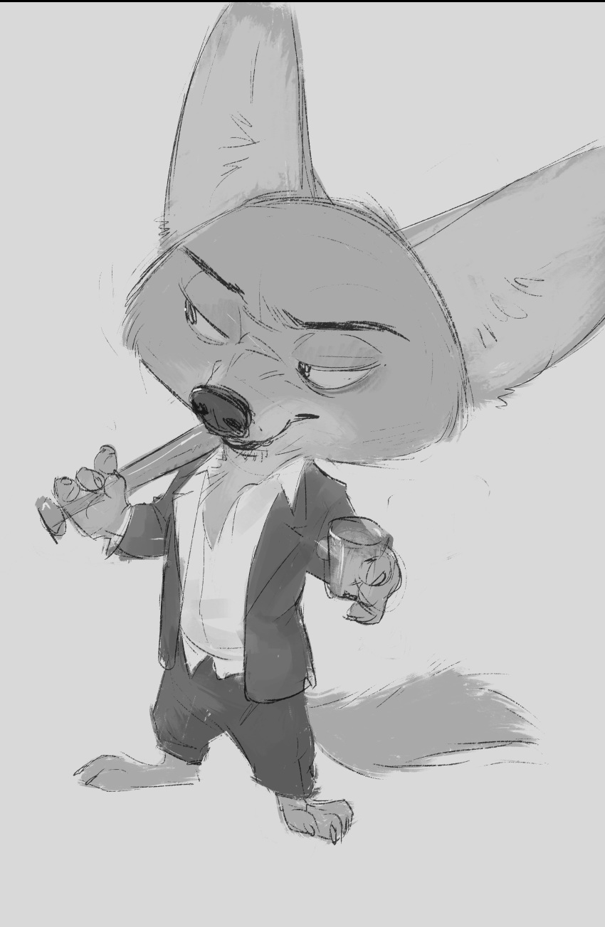 2018 anthro barefoot baseball_bat canine claws clothed clothing cup disney fennec finnick fox grey_background greyscale holding_object male mammal monochrome monoflax simple_background solo standing suit toe_claws zootopia