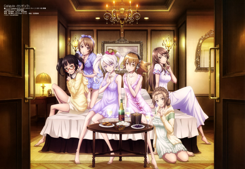 absurdres aria_(caligula) arm_support barefoot bed bedroom braid breasts brown_eyes brown_hair caligula_(game) cleavage collarbone crown crown_braid dress dress_shirt finger_to_mouth glasses green_dress hairband headphones highres index_finger_raised indoors kneeling kotono_kashiwaba leaning_forward long_dress long_hair looking_at_viewer medium_breasts megami mifue_shinohara mini_crown mu_(caligula) multiple_girls naruko_morita nightgown pajamas pillow pink_dress purple_dress purple_hairband purple_shirt purple_shorts red-framed_eyewear semi-rimless_eyewear shirt short_dress short_hair short_shorts shorts silver_hair sitting sleeveless sleeveless_dress striped striped_shirt suzuna_kagura sweater tanabe_kenji tied_hair twintails under-rim_eyewear vertical-striped_shirt vertical-striped_shorts vertical_stripes white_shorts yellow_sweater