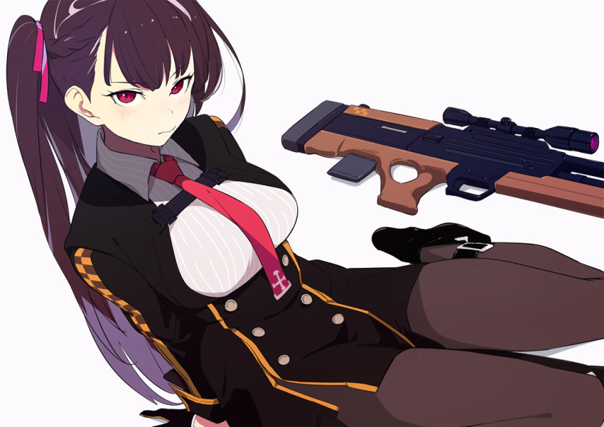 between_breasts breasts bullpup commentary eyebrows_visible_through_hair girls_frontline gloves gun hair_ribbon long_hair looking_at_viewer necktie necktie_between_breasts one_side_up pantyhose purple_hair red_eyes red_neckwear ribbon rifle side_ponytail simple_background sitting sniper_rifle sohin solo wa2000_(girls_frontline) walther walther_wa_2000 weapon white_background