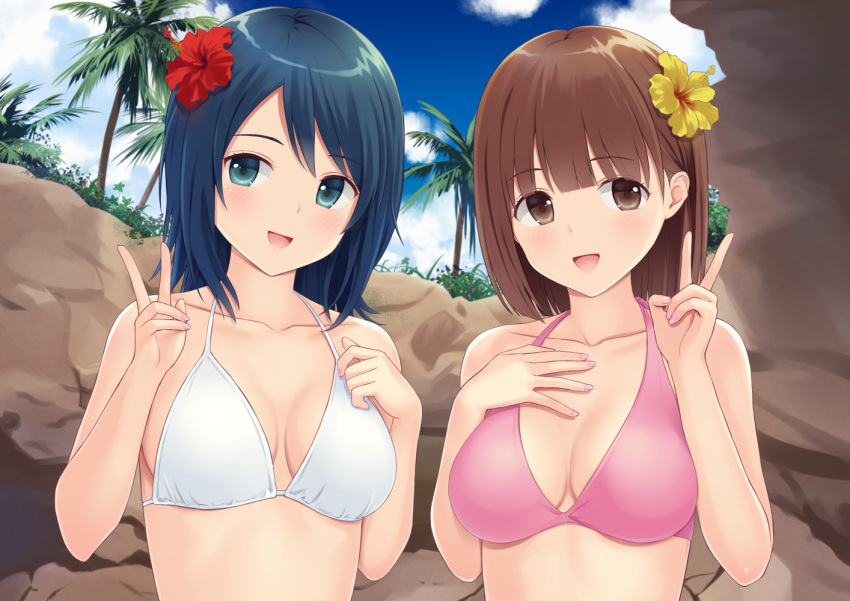 :d bad_id bad_pixiv_id bangs banned_artist bare_arms bare_shoulders bikini bikini_top blue_eyes blue_hair blue_sky breasts brown_eyes brown_hair cloud collarbone day eyebrows_visible_through_hair fingernails flower hair_between_eyes hair_flower hair_ornament hand_on_own_chest hands_up head_tilt long_hair looking_at_viewer medium_breasts multiple_girls n.g. nail_polish open_mouth original outdoors palm_tree pink_bikini pink_nails red_flower sky small_breasts smile swimsuit tree v white_bikini yellow_flower