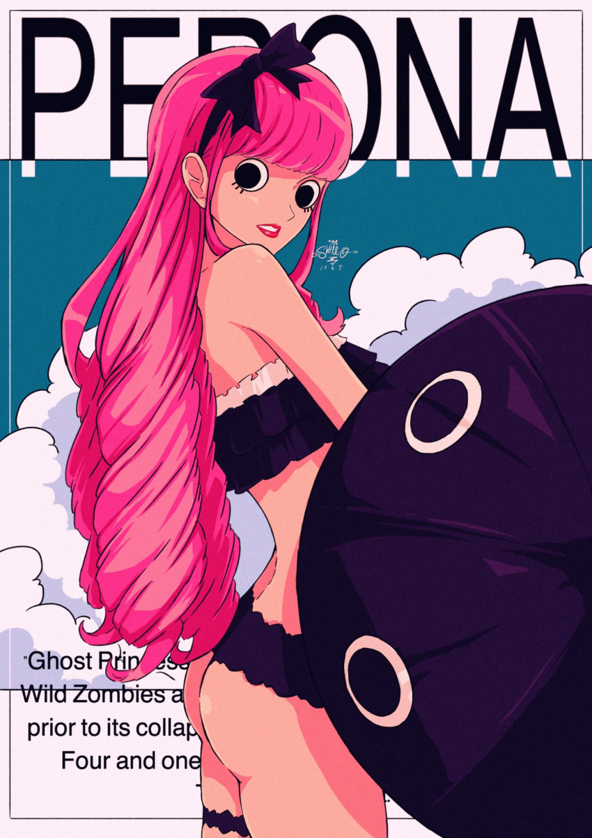 1girl ass bikini black_bikini black_eyes black_ribbon black_swimsuit character_name cloud cowboy_shot fake_magazine_cover female frilled_bikini frilled_bikini_top frilled_swimsuit frills hair_ornament hair_ribbon lipstick long_hair makeup one_piece parasol perona pink_hair ribbon sherumaru_(korscht06) sidelocks signature swimsuit umbrella