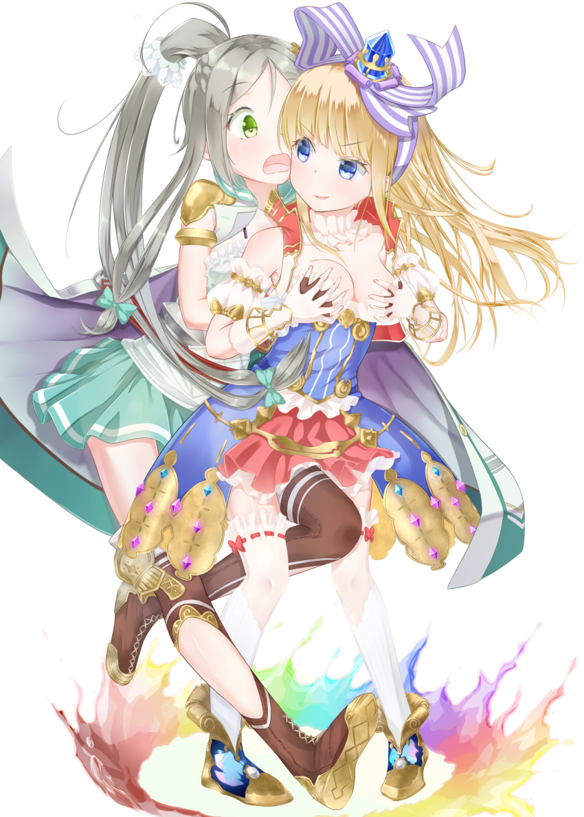 atelier_(series) atelier_lydie_&amp;_suelle blonde_hair blue_eyes blush breast_grab breasts brown_hair fingerless_gloves firis_mistlud gem gloves gplnbeat grabbing grabbing_from_behind green_eyes highres ilmeria_von_leinweber long_hair multiple_girls ponytail smile thighhighs yuri