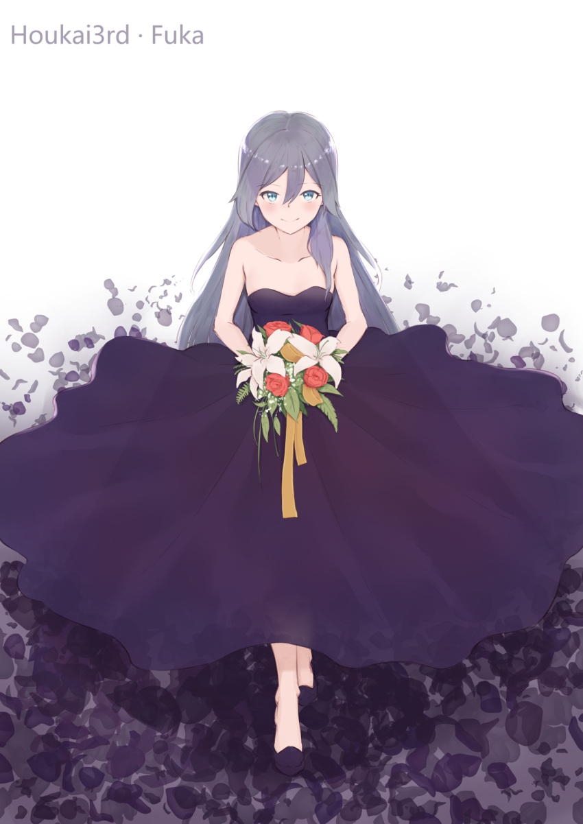bare_shoulders blue_eyes blush bouquet character_name commentary_request copyright_name dress flower fu_hua_(honkai_impact) hair_between_eyes highres honkai_impact jilu long_dress long_hair looking_at_viewer petals purple_dress smile solo strapless strapless_dress walking