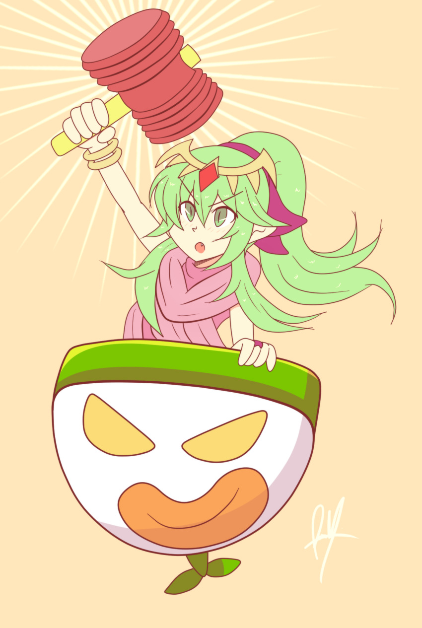 blush cape chiki crossover dress fire_emblem fire_emblem:_monshou_no_nazo green_eyes green_hair hair_ornament hammer highres koopa_clown_car long_hair mamkute mario_(series) open_mouth pointy_ears ponytail raydango solo super_smash_bros. tiara