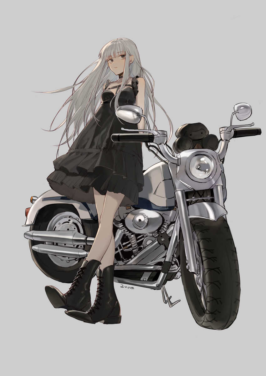 absurdres bangs bare_shoulders black_dress black_footwear boots breasts brown_eyes cross-laced_footwear dress eyebrows_visible_through_hair full_body grey_background grey_hair ground_vehicle highres lace-up_boots layered_dress long_hair looking_at_viewer motor_vehicle motorcycle original parted_lips pleated_dress signature simple_background sleeveless sleeveless_dress small_breasts solo standing very_long_hair zhibuji_loom