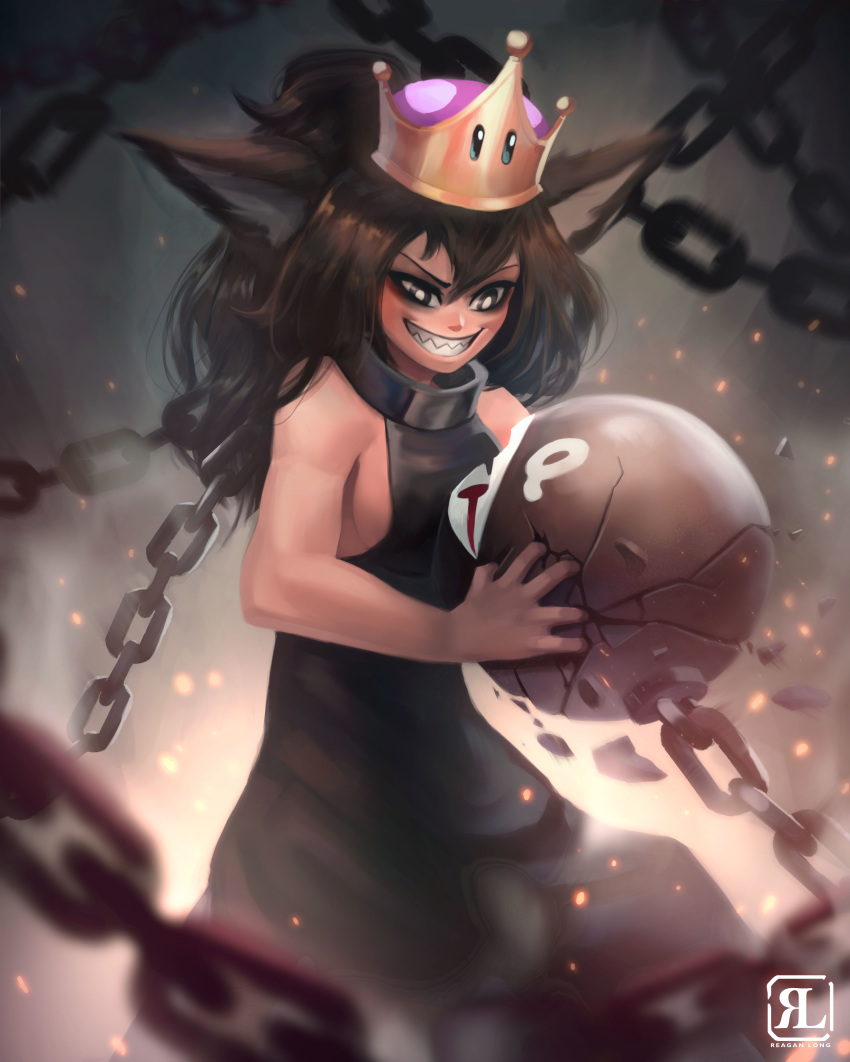 absurdres animal_ears artist_name black_dress black_eyes breasts brown_hair chain chain_chomp commentary crack crown dress english_commentary evil_grin evil_smile grin hair_between_eyes highres long_hair mario_(series) new_super_mario_bros._u_deluxe ponytail princess_chain_chomp reagan_long sharp_teeth sideboob sleeveless sleeveless_dress smile super_crown teeth v-shaped_eyebrows