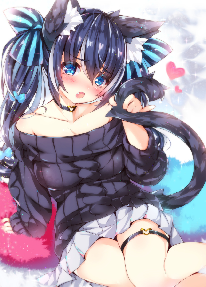 :o ahoge animal_ear_fluff animal_ears arm_support bare_shoulders black_hair black_sweater blue_bow blush bow breasts cat_ears cat_girl cat_tail collarbone commentary_request fang hair_bow head_tilt heart highres holding_own_tail long_hair long_sleeves medium_breasts off-shoulder_sweater ooji_cha open_mouth original pinky_out pleated_skirt skirt sleeves_past_wrists solo sparkle striped striped_bow sweater tail tail_raised thigh_strap twintails very_long_hair white_skirt