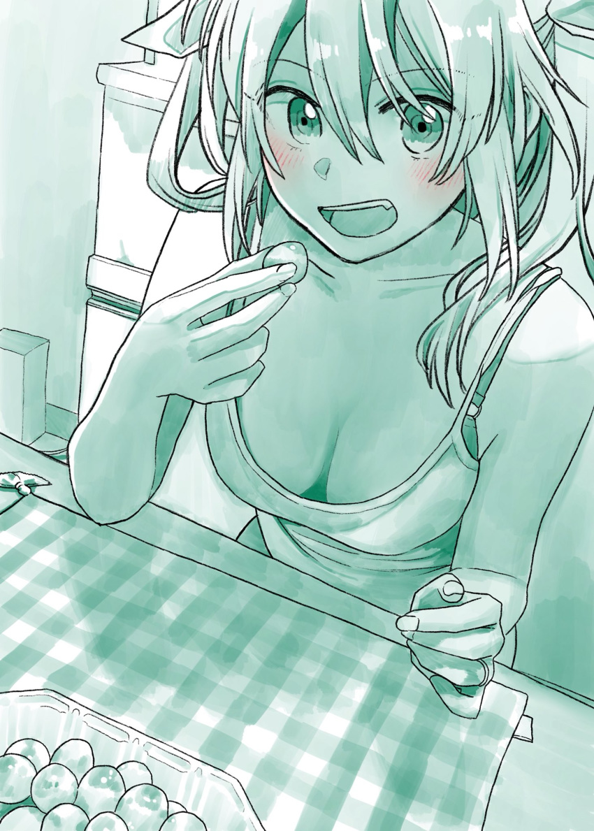 :d bare_arms bare_shoulders blush bow bra_strap breasts camisole cleavage collarbone commentary_request eating eyebrows_visible_through_hair fang fingernails green hair_bow highres holding jewelry kantai_collection looking_at_viewer medium_breasts monochrome open_mouth ring sitting smile solo table tone_(kantai_collection) two_side_up wedding_band yami_(m31)