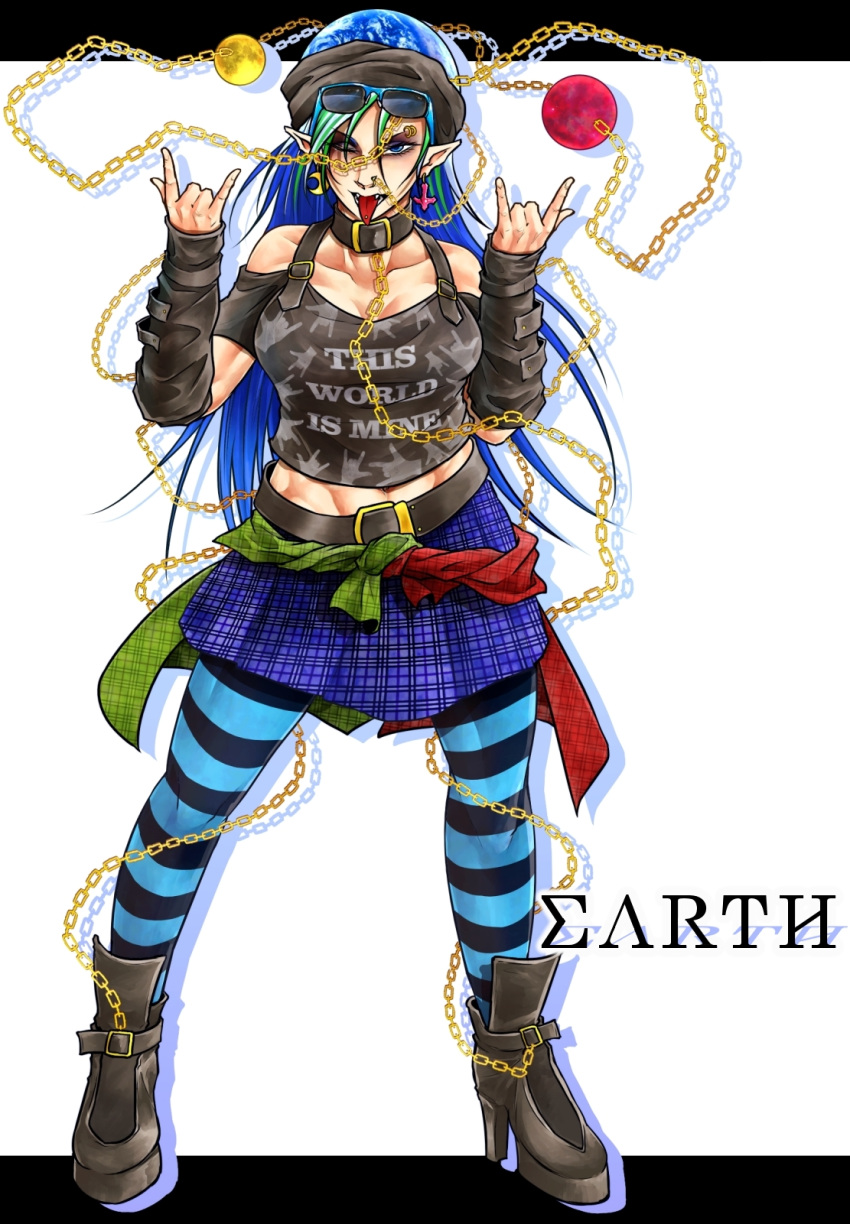 ;p \m/ abs adapted_costume arm_warmers bare_shoulders belt belt_boots black_footwear blue_eyes blue_hair boots breasts chain collar commentary_request double_\m/ earrings earth_(ornament) english green_hair hecatia_lapislazuli high_heel_boots high_heels highres jewelry leather leather_boots long_hair moon_(ornament) multicolored_hair one_eye_closed orb pantyhose pointy_ears ryuuichi_(f_dragon) skirt solo striped striped_legwear sunglasses toned tongue tongue_out touhou two-tone_hair