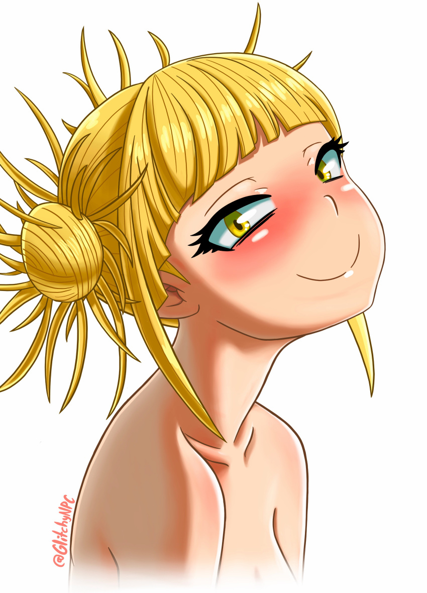 1girl bangs bare_shoulders blonde_hair blush boku_no_hero_academia double_bun glitchynpc looking_at_viewer simple_background smile solo toga_himiko upper_body white_background yellow_eyes