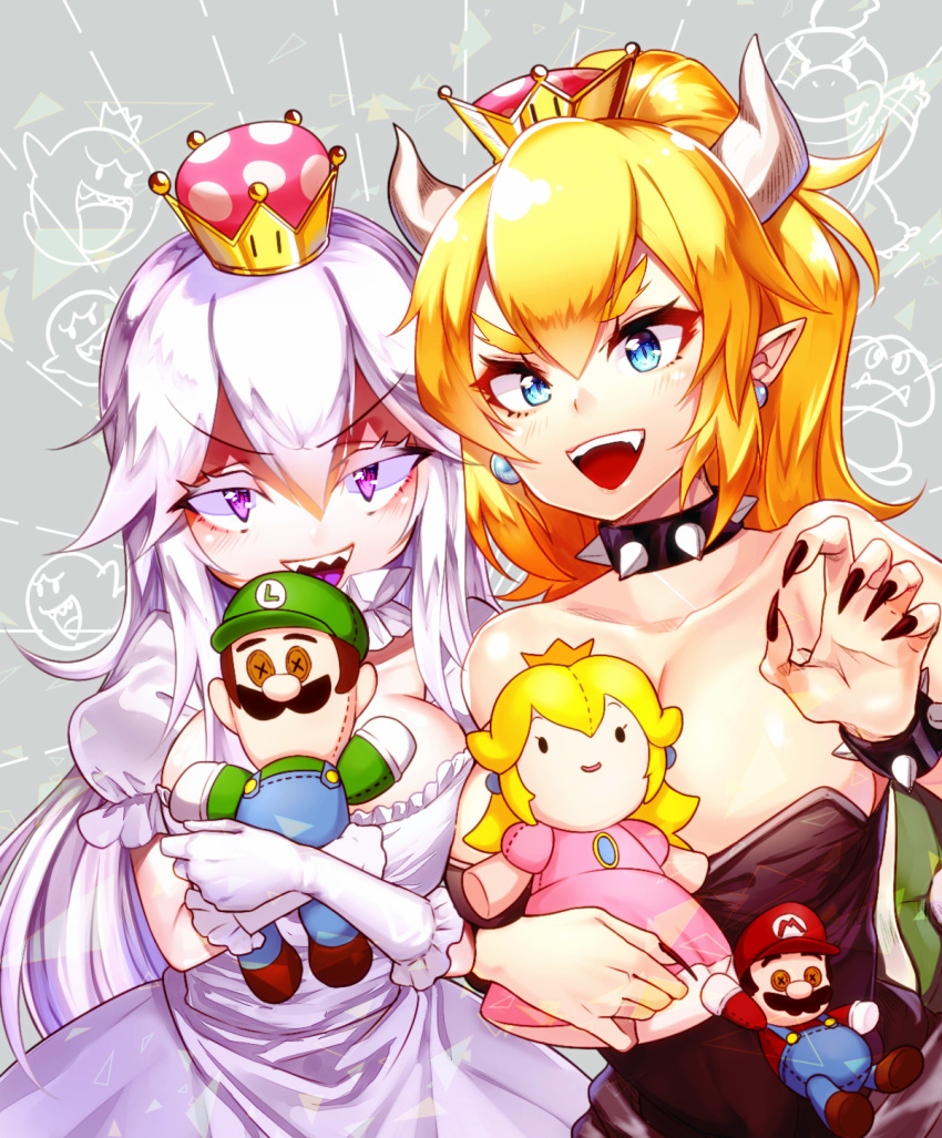 bangs bare_shoulders black_nails blonde_hair blue_earrings boo bowser_jr. bowsette bracelet breast_press breasts brooch cabbie_hat character_doll choker cleavage collar collarbone colored_eyelashes commentary_request crown doll doll_hug dress elbow_gloves eyebrows_visible_through_hair facial_hair fangs fingernails frilled_dress frilled_gloves frills gloves gradient_clothes gradient_gloves gradient_hair green_shirt grey_background hair_between_eyes hat highres holding holding_doll horns jewelry king_boo large_breasts lavender_dress lavender_gloves lavender_hair light_blue_eyes long_hair long_ponytail long_sleeves looking_at_viewer luigi luigi's_mansion mario mario_(series) maronie. multicolored_hair multiple_girls mustache nail_polish new_super_mario_bros._u_deluxe open_mouth overalls patterned_background pink_dress princess_king_boo princess_peach puffy_short_sleeves puffy_sleeves purple_eyes purple_pupils purple_tongue red_pupils red_shirt reflective_eyes shapes sharp_fingernails sharp_teeth shiny shiny_hair shiny_skin shirt short_eyebrows short_sleeves sidelocks spiked_bracelet spiked_collar spikes super_crown tareme teeth thick_eyebrows triangle tsurime very_long_hair white_choker white_dress white_gloves white_hair