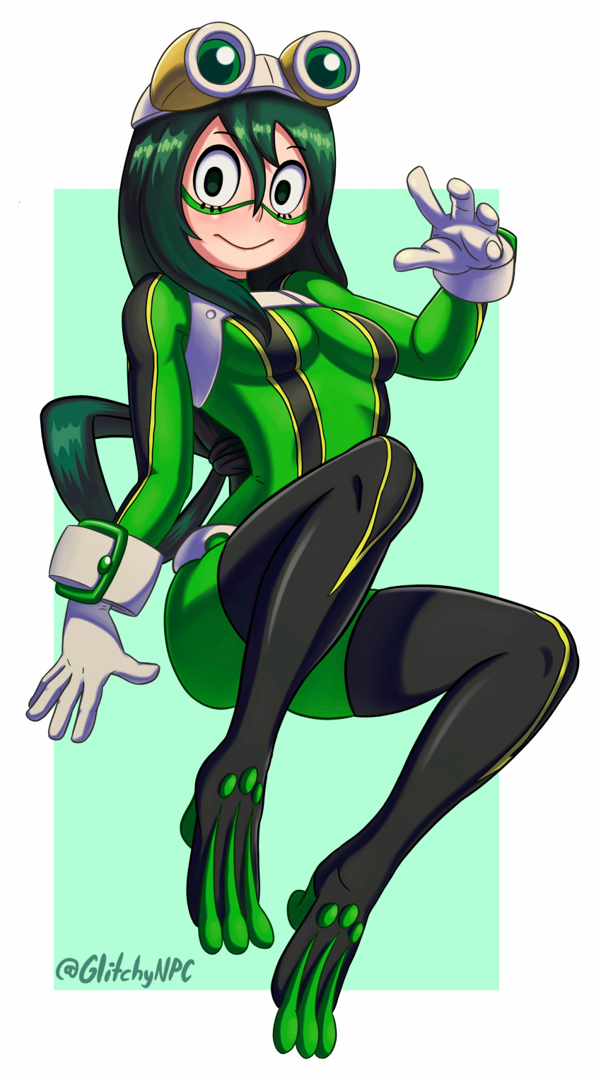 1girl asui_tsuyu bodysuit boku_no_hero_academia boots breasts full_body glitchynpc gloves green_eyes green_hair hair_between_eyes long_hair looking_at_viewer medium_breasts simple_background solo thigh_boots thighhighs tied_hair white_gloves