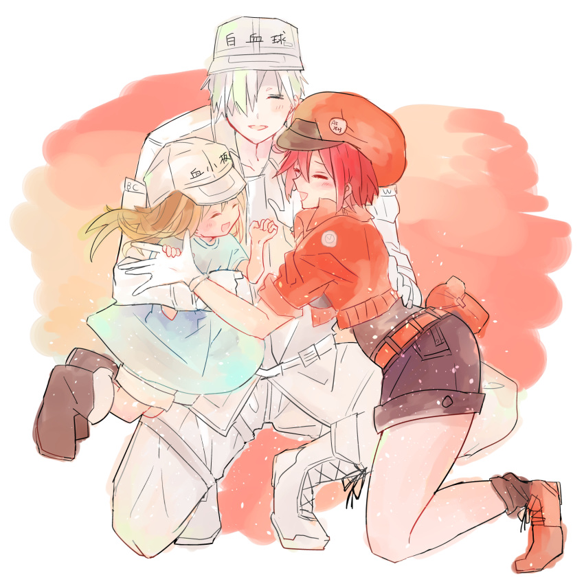 2girls :d ae-3803 baseball_cap blue_shirt blush cabbie_hat closed_eyes clothes_writing commentary gloves grey_hat group_hug hair_over_one_eye hat hataraku_saibou highres hug jacket kneeling legs_up lifting_person long_hair multiple_girls one_knee open_mouth platelet_(hataraku_saibou) red_blood_cell_(hataraku_saibou) red_hair red_hat red_jacket shirt short_hair shorts smile u-1146 uniform white_blood_cell_(hataraku_saibou) white_hair white_hat white_skin yumiko_(34164048)