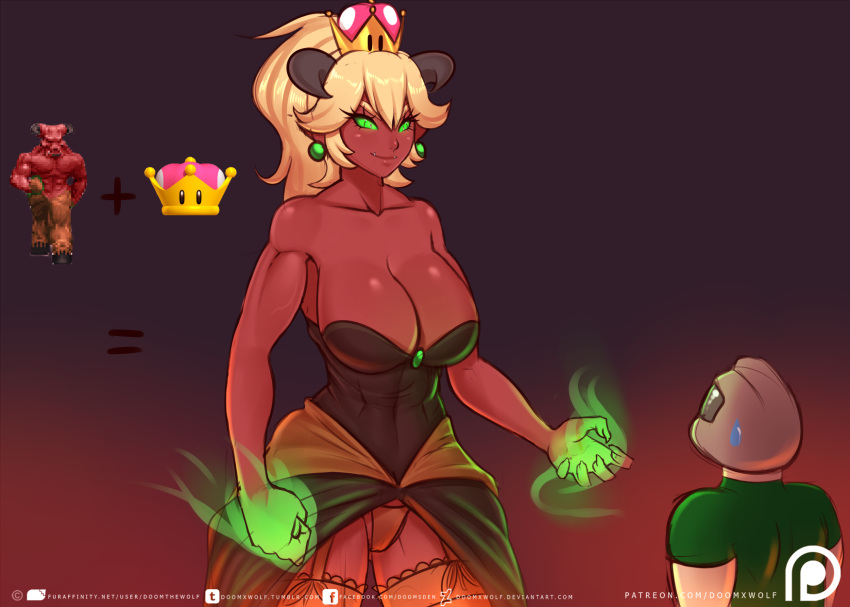 1girl ass_visible_through_thighs baron_of_hell blonde_hair breasts cleavage clenched_hand commentary crossover demon demon_girl doom_(game) doom_x_wolf doomguy dress earrings english_commentary garter_straps genderswap genderswap_(mtf) glowing glowing_eyes glowing_hands green_eyes green_sclera height_difference highres horns jewelry large_breasts mario_(series) meme new_super_mario_bros._u_deluxe panties pantyshot pantyshot_(standing) standing strapless strapless_dress stud_earrings super_crown sweatdrop thighhighs tusks underwear