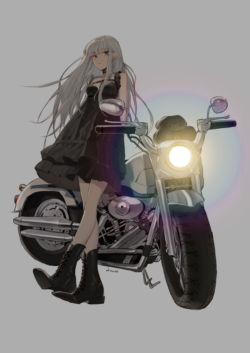 absurdres bangs bare_shoulders black_dress black_footwear boots breasts brown_eyes cross-laced_footwear dress eyebrows_visible_through_hair full_body grey_background grey_hair ground_vehicle highres lace-up_boots layered_dress light long_hair looking_at_viewer motor_vehicle motorcycle original parted_lips pleated_dress signature simple_background sleeveless sleeveless_dress small_breasts solo standing very_long_hair zhibuji_loom